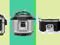 From left: Ninja Foodi, Instant Pot, and GreenPan Slow Cooker on green background.