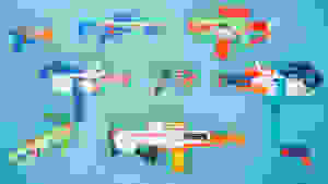10 different Nerf guns on a light blue background