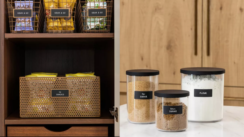 On left, organizational baskets from Neat Method in pantry, filled with snacks. On right, canister collection of three from Neat Method on countertop.