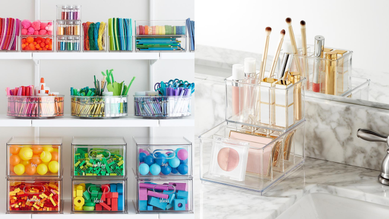 On left, craft items arranged by color in clear containers from the Container Store. On right, clear organizer in bathroom holding cosmetic items.