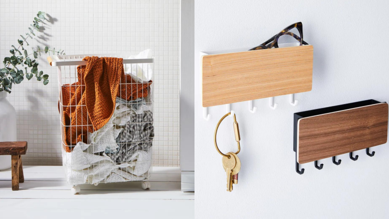 On left, wire hamper filled with clothes in bathroom next to plant. On right, two key racks from Food52.