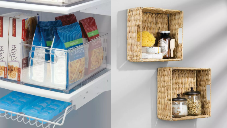 On left, clear food organizer in fridge. On right, bamboo organizers mounted on wall with bathroom items inside.