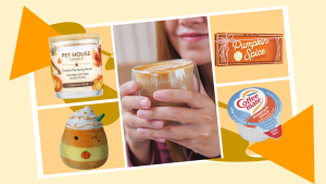 On right, fall-themed candle jar with lid on top of plush Squishmellow children's toy. In middle, person grinning while enjoying cup of coffee in hands. On right, makeup pallet on top of single flavored coffee pod.